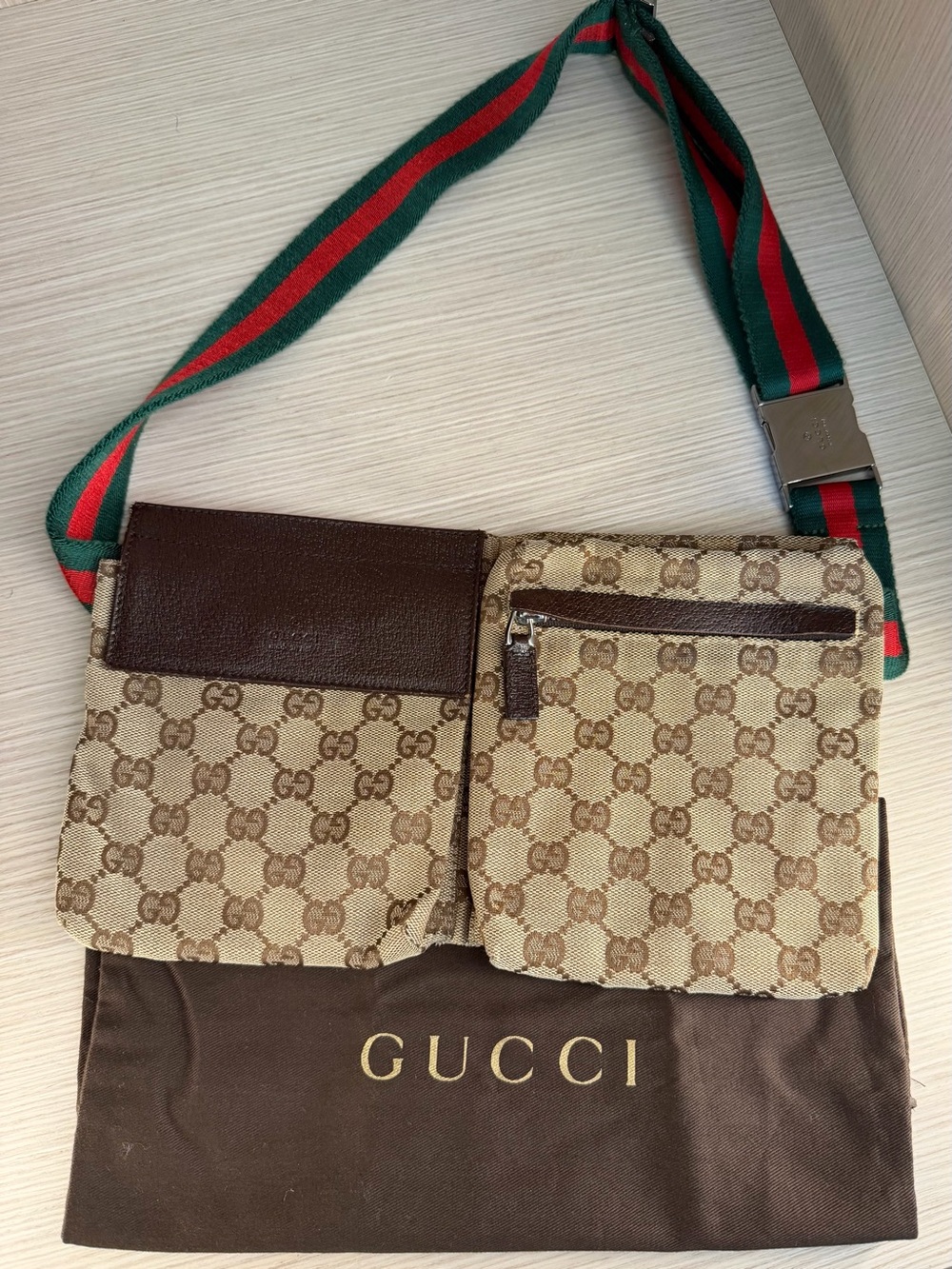 Gucci Beige GG Canvas Crossbody Bag with Brown Leather Trim.